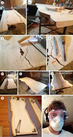 the process for making a wooden table is shown in several different pictures, including wood and paint