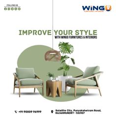 an advertisement for a furniture store featuring two chairs and a table with a plant in it