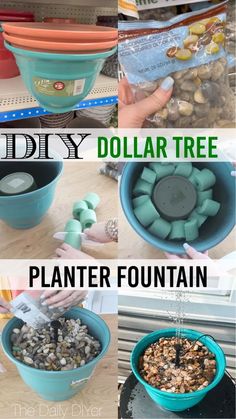 DIY fountain using a planter from Dollar Tree Planter Hacks, Patio Water Fountain, Fountain Decor, Indoor Water Garden