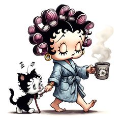 a cartoon character holding a cup and walking next to a cat