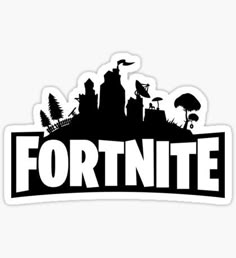 the fortnite logo sticker is shown in black and white with an umbrella over it