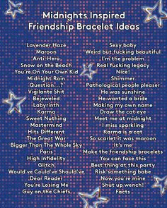 a poster with the words midnights inspired, friends and braclet ideas on it