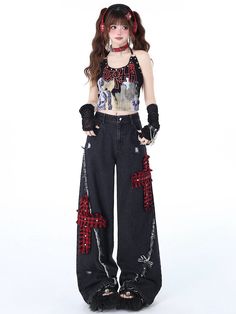 Elevate your punk fashion game with these Red Plaid Crosses Black Punk Wide Leg Jeans. These edgy jeans feature a striking red plaid cross pattern against a black backdrop. The distressed holes add a touch of grunge. The wide-leg design ensures comfort and a relaxed fit.  The price is for a pair of pants only, the waist chain is not included.  Garment Size   	 		 			Size 			S 			M 			L 		 		 			Full Length 			103 			105 			107 		 		 			Waist 			64 			68 			72 		 		 			Hips 			98 			102 			106 Punk Girl Fashion, Straight Wide Leg Jeans, Punk Jeans, Black Denim Pants, Estilo Harajuku, Grunge Jeans, Career Outfits, Music Career