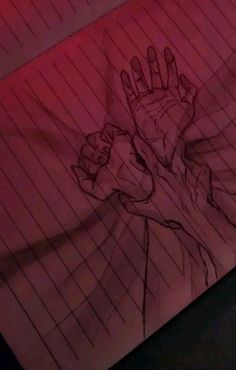 a drawing of someones hand on top of a piece of paper with red light coming from it