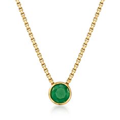 Ross-Simons - .50 Carat Emerald Necklace in 18kt Gold Over Sterling. 18". Simple and stylish, our understated necklace features a .50 carat round emerald in a sleek bezel setting of polished 18kt yellow gold over sterling silver. Box chain adjusts from 18" to choker length. Springring clasp, emerald necklace. Emerald birthstones are the perfect gift for May birthdays. Classic Emerald Birthstone Necklace For Formal Occasions, Classic Emerald Necklace As Birthstone For Formal Occasions, Classic Emerald Necklace As Birthstone In Yellow Gold, Classic Yellow Gold Emerald Necklace Birthstone, Classic Yellow Gold Emerald Necklace With Birthstone, Classic Yellow Gold Emerald Birthstone Necklace, Classic Bezel Set May Birthstone Necklaces, Classic Necklace With Bezel Setting For May Birthstone, Classic Bezel Set Necklace For May Birthstone