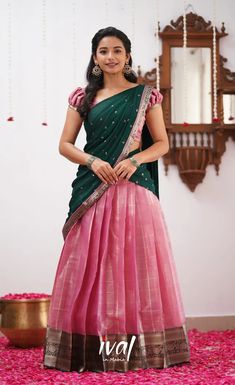 Best Saree Blouse Combination, Saree Hairstyles With Jasmine, Half Saree Traditional Style, Poses On Half Saree, South Indian Style Lehenga, Violet Half Saree, Half Saree Ideas Simple, Blouse Design For Half Saree, Silk Gown Designs Indian