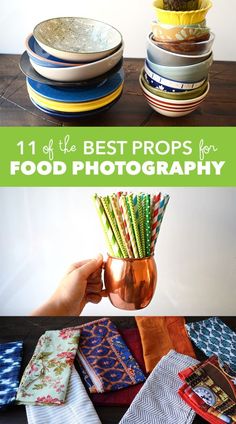 the best props for food photography are stacked on top of each other in this collage