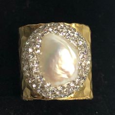 Large Baroque White Freshwater Pearl Ring Which Is Adjustable With Austrian Crystals Surrounding It. Ring Comes In Gold Plated With White Pearl Or Black Plated With White Pearl Your Choice. Yellow Citrine Ring, Silver Eternity Ring, Luxury Wedding Rings, Dainty Wedding Ring, Big Stone Ring, Pearl Engagement Ring, Pearl Rings, Costume Jewelry Rings, Freshwater Pearl Ring