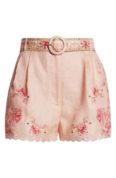 Marked by signature romance, these tucked linen shorts are designed in an art nouveau-inspired floral print and topped with a waist-cinching belt. 2" inseam; 26" leg opening; 14" front rise; 15" back rise (size medium) Zip fly with button closure Removable belt Side-seam pockets 100% linen Dry clean Imported Designer Clothing Camilla Clothing, Embellished Shorts, Stella Mccartney Falabella, Lace Trim Shorts, Designer Kids Clothes, Belted Shorts, Silk Shorts, Floral Shorts, Printed Linen