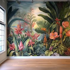 an empty room with a large mural on the wall