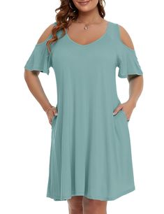 PRICES MAY VARY. Cold shoulder dress for women summer made by superior material. Stretch fabric, no see through, don't wrinkle, super soft, comfy, flowy, swing and lightweight. Plus size T shirt dress, without too much tight in armpits, is free and unbound. Short sleeve shirt dress feature: V neck, pockets, knee length, swing hem, loose fit, off the shoulder, sundress, cold shoulder, tunic top dress, ruffle sleeve A-Line dress, T-shirt dress, swing dress, casual wear. Floral flowy V neck off the Casual Stretch T-shirt Dress For Summer, Relaxed Fit V-neck T-shirt Dress For Summer, Knee-length Relaxed Fit T-shirt Dress For Summer, Relaxed Fit Knee-length T-shirt Dress For Summer, Solid Color Cold Shoulder Spring Dress, Spring Solid Color Cold Shoulder Dress, Spring Solid Stretch T-shirt Dress, Spring Stretch T-shirt Dress In Solid Color, Summer Short Sleeve T-shirt Dress