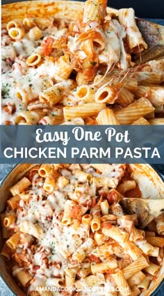 two pictures showing different types of pasta and chicken parmesan sauce in the same pan