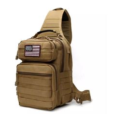 a tan backpack with an american flag patch on the front and side pocket, sitting upright against a white background