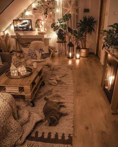 a living room filled with furniture and lots of lights