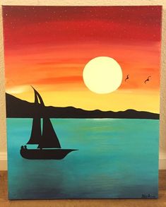 a painting of a sailboat in the ocean at sunset