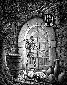 a skeleton standing in front of an open door with a barrel on the ground next to it