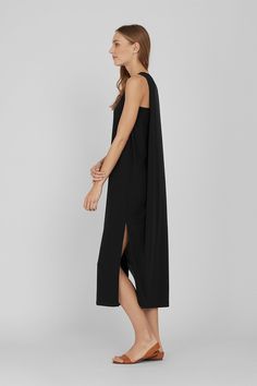 Drape-Back Dress | Cuyana Chic Maxi Dress With Minimal Stretch, Chic Daywear Dresses With Side Slits, Elegant Daywear Dresses With Side Slits, Longline Evening Dresses With Side Slits, Longline Midi Dress With Side Slits For Daywear, Sleek Spring Dress With Side Slits, Longline Lounge Dress With Side Slits, Chic Longline Maxi Dress For Loungewear, Longline Loungewear Dress With Side Slits