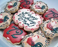 decorated cookies on a plate with the words happy new year