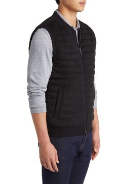 Ribbed trim finishes this insulated vest made from soft faux suede to add a lightweight, polished layer to your refined, cool-weather looks. 27" length Two-way front-zip closure Blade collar 92% polyester, 8% spandex Dry clean Imported Fitted Winter Vest With Zipper Closure, Fitted Vest With Zipper Closure For Fall, Fitted Fall Vest With Zipper Closure, Nylon Vest With Zipper Closure For Fall, Fall Nylon Vest With Zipper Closure, Quilted Fitted Vest For Fall, Fitted Quilted Vest For Fall, Quilted Vest, Faux Suede