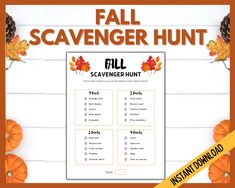 a fall scavenger hunt is shown with pumpkins and leaves on the background