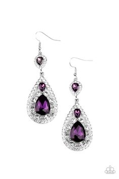 Three teardrop purple rhinestones adorn white rhinestone encrusted silver frames that link into an elegant teardrop lure for a flawless fashion. Earring attaches to a standard fishhook fitting. Sold as one pair of earrings. 2/4/21 Dainty Band, Purple Earrings, Silver Frames, Purple Rhinestone, Paparazzi Accessories, White Rhinestone, Paparazzi Jewelry, Affordable Jewelry, Pink Stone