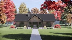 this is a computer rendering of a house in the country style with trees and shrubs surrounding it