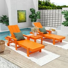 an outdoor patio with orange furniture and potted plants next to a swimming pool in the background