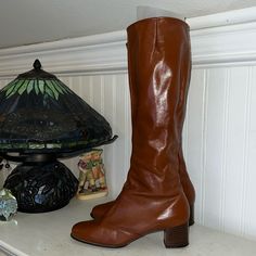 In Good Condition With Minimal Wear. Retro Leather Winter Boots, Retro Heeled Boots For Formal Fall Occasions, Retro Heeled Boots For Fall Formal Events, Retro Leather Boots For Fall, Retro Fall Boots With Stacked Heel, Retro Stacked Heel Boots For Fall, Retro Boots With Stacked Heel For Fall, Retro Spring Heeled Boots With Pointed Toe, Retro Pointed Toe Boots