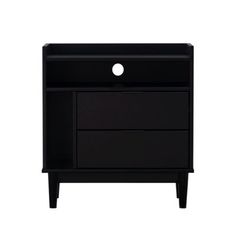 a black cabinet with two drawers on one side and an open drawer on the other