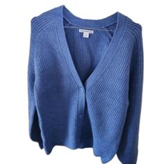 New In Bag Blue Ribbed Knit Outerwear, Casual Blue Ribbed Cardigan, Classic Blue Cardigan For Everyday Wear, Casual Blue Everyday Cardigan, Casual Blue Cardigan For Everyday, Blue Sweater With Button Closure For Layering, Blue Sweater For Spring Everyday Wear, Light Grey Cardigan, Knee Length Sweater