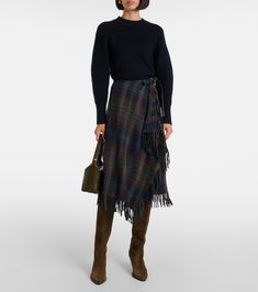 Fringed plaid wool-blend wrap skirt in multicoloured - Polo Ralph Lauren | Mytheresa Plaid Wool Skirt, Ralph Lauren Skirts, Floral Shoes, Fringe Skirt, Ralph Lauren Outfits, Black Midi Skirt, Patent Leather Pumps, Wool Blend Sweater, Wool Plaid