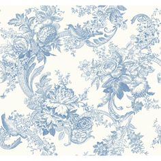 a blue and white wallpaper with flowers