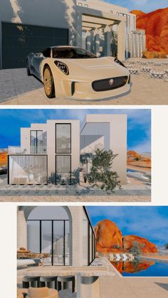 three different views of a modern house in the desert, with mountains and rocks behind it