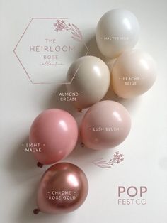 the balloons are labeled in different colors and sizes, including pink, white, gold, and champagne