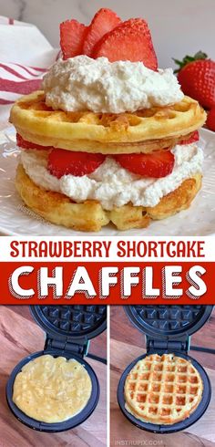 strawberry shortcake waffles with whipped cream and strawberries