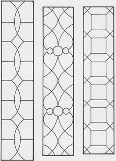 three different types of stained glass with designs on the front and back sides, each one in