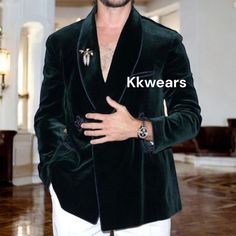 men green blazer with white pant  Material:-velvet  This suit for party,prom, wedding, anniversary,and any elegant classy formal occasions. Green Velvet Suit, Suits Men Wedding, Men Wedding Suit, Green Suits, Double Breasted Suit Men, Green Velvet Blazer, Suit Green, Gift For Groom, Groom Wedding Attire