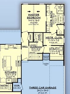 the first floor plan for a house with three car garages and two master suites