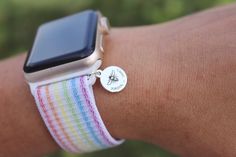 These gorgeous custom watch bands are the perfect arm candy for your Apple Watch! Choose between primary and pastel rainbow and you're ready to go! The pastel rainbow band features an adjustable closure while the primary band features a traditional adjustable closure. **These bands fit 38mm/40mm Apple Watch faces ONLY-PLEASE ensure that this will fit your watch before checkout as we do not accept returns or exchanges. These are ONE SIZE to fit an average sized wrist, but it does have an adjustab Adjustable Multicolor Watch Bands As Gift, Adjustable White Apple Watch Band For Everyday, Trendy Multicolor Apple Watch Band As Gift, Adjustable Multicolor Watch Band As Gift, Trendy Watch Bands As Gift, Trendy Watch Band As Gift, Trendy Gift Watch Bands, Casual Watch Bands Suitable For Gifts, Casual Adjustable Watch Bands As Gift