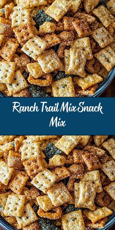 ranch trail mix snack mix in a bowl with the words ranch trail mix on it