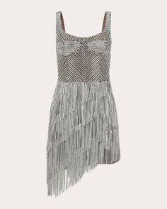 A true showstopper, this silk mini dress is decorated with Swarovski crystals and asymmetrically tiered fringe to create a shimmering, light-reflecting effect. Fitted at the waist, the bustier-inspired bodice sculpts a flattering shape with its padded cups, supportive underwire and built-in boning. Back clasp and zip closure Underwire Padded cups Boned bodice Bustier seams Open back Swarovski crystal embellishments Asymmetric fringe skirt 100% silk, exclusive of embellishments Dry clean only Mad Crystal Fringe, Midnight Rain, Embellished Mini Dress, Fringe Mini Dress, Boned Bodice, Cute Dress Outfits, Summer 2025, Fringe Skirt, Tumblr Fashion