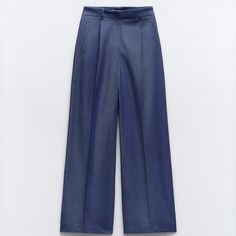 Zara Wide Leg Pants Darts Nwt High Waisted With Front Pleats Front Welt Pockets And Back False Welt Pocket Front Zip Metal Hock And Exterior Button Closure Blue Color M Size Denim Blue Wide Leg Pants With Welt Pockets, High Waist Denim Blue Bottoms With Welt Pockets, Summer Wide Leg Jeans With Welt Pockets, Zara Classic Jeans For Work, Zara Classic Workwear Jeans, Chic Blue Wide Leg Pants With Welt Pockets, Elegant Fitted Ankle-length Jeans, Denim Blue Wide Leg Work Pants With Pockets, Denim Blue Wide Leg Pants With Pockets For Work