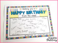 a birthday card with the words happy birthday from the class