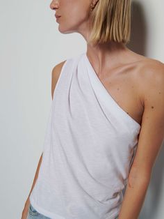 The single shoulder tank (everyone needs one). Subtle pleats on the shoulder and an effortlessly draped silhouette? Chic. (This one comes in Optic White.) | Women's Emberly One Shoulder Top in White | Ethical Essentials One Shoulder Top, Crop Top Sweater, Crop Top Blouse, One Shoulder Tops, Romper Dress, Girls Night Out, Pima Cotton, Tee Shop, Sweater Shop