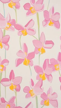 pink flowers painted on white paper with yellow centers and green stems in the center, against a pale background