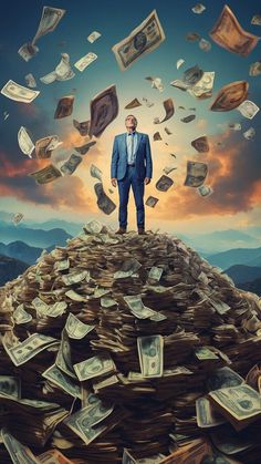 a man standing on top of a pile of money in front of a cloudy sky