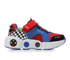 Gamer-inspired synthetic upper with padded collar and fabric lining, Adjustable Velcro strap closure and bungee cord laces, Classic round toe with Toe Protect overlay, Cushioned Air-Cooled Memory Foam® insole with fabric lining, Sculpted foam midsole featuring game controller icons, Durable non-marking outsole, Skechers® branding details | Boys' Skechers Little Kid & Big Kid Gametronix Running Shoes in Red/Blue/White Size 3 - Little Kid Medium Playful Sneakers With Rubber Sole And Synthetic Material, Playful Synthetic Sneakers With Rubber Sole, Playful Low-top Breathable Sneakers, Playful Non-slip Synthetic Sneakers, Synthetic Skate Shoes With Rubber Waffle Outsoles For Sports, Sporty Multicolor Synthetic Skate Shoes, Multicolor Running Shoes With Rubber Waffle Outsoles For Jogging, Multicolor Synthetic Skate Shoes For Sports, Multicolor Non-slip Synthetic Running Shoes