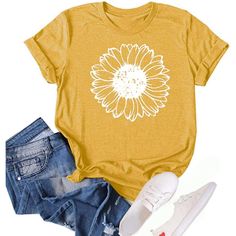 PRICES MAY VARY. 🌼【Premium Fabrics】Suggest hand/machine wash cold water, dry flat, not bleach. Do not tumble dry. This summer sunflower graphic tops for women are made of high-quality material. Soft and smooth. 65% Cotton, 35% Polyester t-shirt. Comfortable and has a good stretch. Comfy sunflower printed tee tops, novelty funny sunflower shirts top women. Soft fabric with a little stretchy, breathable to wear. It's not only light but also absorbs sweat. 🌼【Design】Sunflower shirts for women. Uni Fall Tee Shirts, Long Shirt Women, Sunflower Shirt, Loose Tees, Flower Graphic, Loose Blouse, Casual Tops For Women, Casual Blouse, Print Shirt