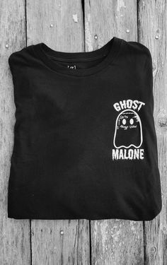 Perfect for Halloween!  "Ghost Malone" shown in medium black long sleeved Spooky Black T-shirt For Winter, Horror Style Long Sleeve Tops For Streetwear, Halloween Long Sleeve Band Merch T-shirt, Spooky Long Sleeve Screen Print T-shirt, Spooky Long Sleeve T-shirt With Screen Print, Ghost Malone, Ghost Shirt, Halloween Ghost, Black Long Sleeve