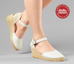 "Diegos - Ivory white leather Carmen espadrilles with high wedge heel Wedge sole height : 2.5\" (6 cm) Classic ivory white leather high wedge Carmen espadrilles have an easy clip-on ankle-strap. The rope sole has been meticulously shaped by hand, a padded insole has been added for your comfort. The high quality leather used on these beautiful and elegant espadrilles, is 100% genuine Spanish Leather. We ship from NY - Easy returns." Gold Espadrilles, Womens Espadrilles Wedges, Heeled Espadrilles, Espadrilles Shoes, High Wedges, Women's Espadrilles, Wedding Sandals, Leather Espadrilles, Perfect Shoes